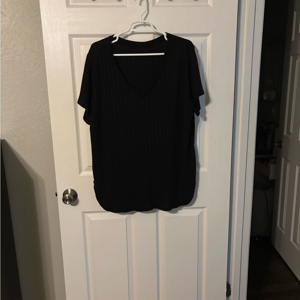 Vertical Stripe Texture Ribbed V Neck T-Shirt